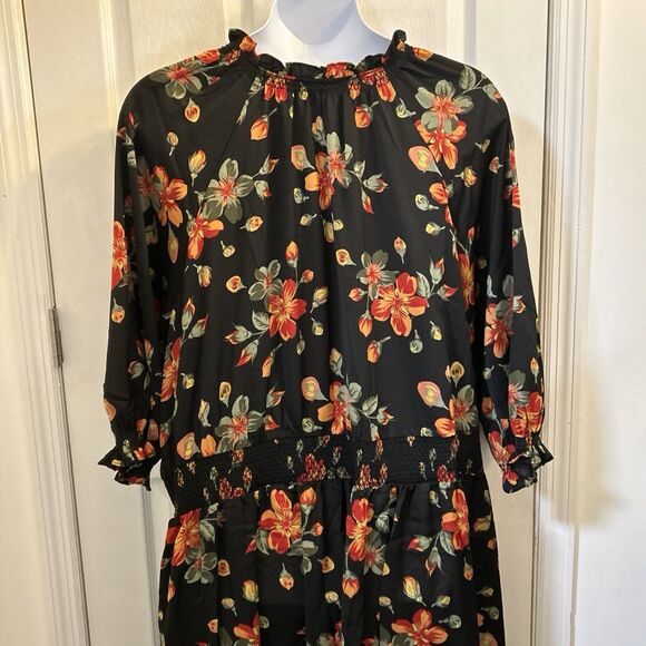Terra & Sky Black Red Floral Maxi Dress Plus Size 5X 3/4 Sleeve Keyhole Tie Neck - Picture 11 of 16